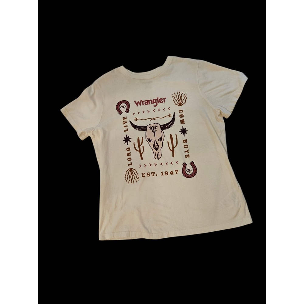 Wrangler Womens Long Live Cowboys Graphic T-Shirt Cream Steer Skull Size M